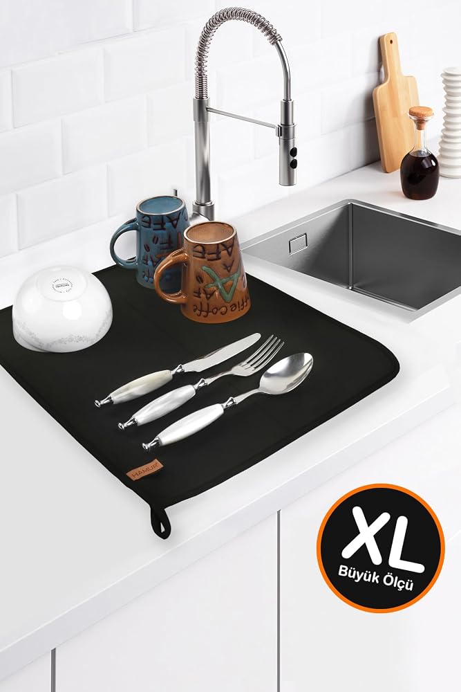 Basic XL Bulaşık Kurutma Matı 55x46 cm XLarge Kurulama Bezi Kurutma Örtüsü Tezgah Üstü Siyah