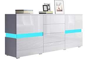 Senvoziii Sideboard Kommode in Hochglanz Weiß Highboard Anrichte Standschrank mit 2 Türen 4 Schubladen und LED Beleuchtung 177 cm