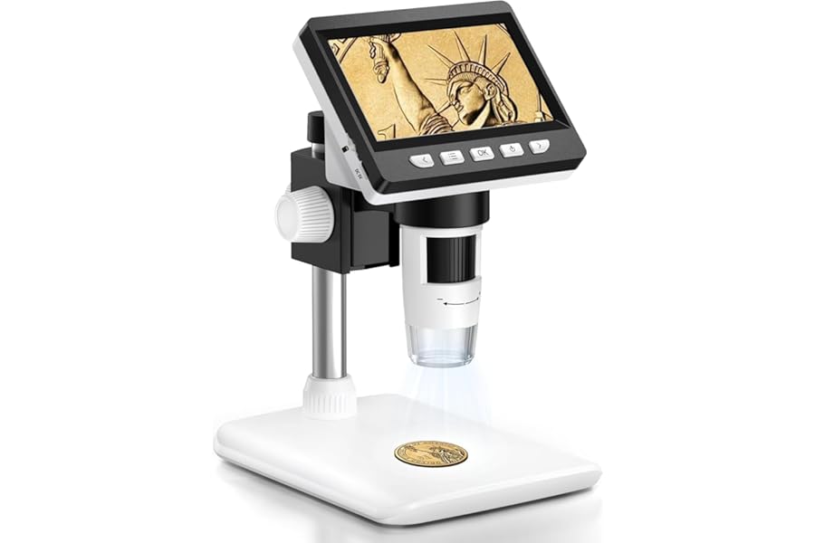 Coin Microscope, Aopick 4.3 Inch USB Microscope with 50X-1000X Magnification, 1080P Digital Microscopes with 8 Adjustable LED Light Microscopes for Adults, PC View, Compatible with MacOS & Windows