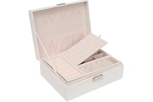 Honeueuen Jewellery Box Organiser, 2-Layer Lockable Large PU Leather Jewelry Storage Case for Necklaces Rings Earrings Bracelets, White