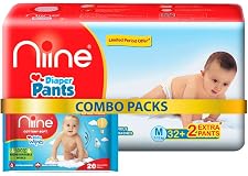 Niine Combo of Baby Diaper Pants Medium (M) Size (7-12 KG) 34 Pants and 20 Biodegradable Baby Wipes