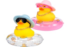 Pinenuts 2 PCS Car Duck Decoration Dashboard, Rubber Duck Car Ornament with Sun Hats Swimming Rings Sunglasses and Gold Chains for Car Office Bedroom Decoration, Pink + Transparent Swim Rings