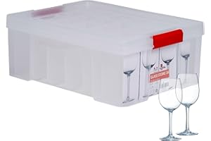 SUNDIS Glass Store, boîte de rangement 27L en plastique transparent pour verres, renforcée avec couvercle clipsable, aptes au contact alimentaire, parois droites, superposable et combinable
