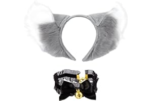 Makone orecchie di volpe Cosplay Set con collana papillon e fascia orecchie di volpe, Anime Cosplay Fox Adatto per bambini adulti Carnevale, festa in maschera (grigio-bianco)
