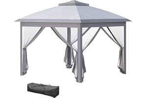 Outsunny Carpa Plegable 3,3x3,3 m Cenador de Jardín con Altura Ajustable en 3 Niveles Doble Techo 4 Mosquiteras Extraíbles y Bolsa de Transporte Impermeable Anti-UV Gazebo para Exterior Fiestas Gris