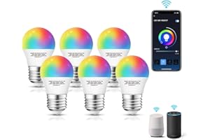Aigostar Pack 6 uds Bombilla LED inteligente WiFi G45, 5W, E27 rosca gorda, RGB+CCT. Regulable multicolor+luz cálida o blanca 3000 a 6500K, 500lm. Compatible Alexa y Google Home[Clase energética A +]