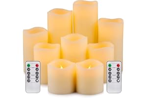 Aku Tonpa Large Flameless Candles Battery Operated Pillar Real Wax Electric LED Candle Set with Remote Control Cycling 24 Hours Timer, Pack of 9 (D:3" X H:3" 3" 4" 4" 5" 5" 6" 7" 8")