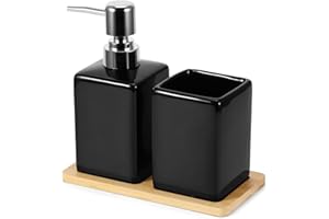 DEECOZY Bathroom Accessories Set, 3Pcs Soap Dispenser Toothbrush Holder & Bamboo Tray, Contemporary Ceramic Bathroom Set Reusable for Bathroom, Washbasin, Sink, Bathtub(Black)