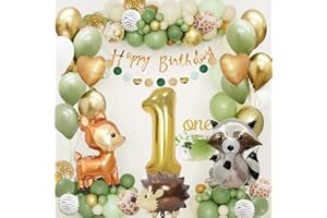 ADAZIAU 1 Geburtstag Junge Mädchen, Dschungel Kindergeburtstag Deko 1 Jahr, Grüne Luftballon 1 Geburtstagsdeko, Wild One Geburtstagsdeko, Wild One Waldtiere Alles Gute zum Banner für Kinder Deko