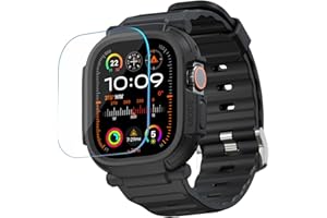 elkson Compatible with Apple Watch Ultra Band Case 49mm Screen Protector Tempered Glass, Quattro Pro Series Rugged for iWatch Bumper Strap, Military Grade Durable Protective Cover, Shock Proof, Black