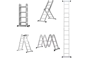 DICN 4.7m Folding Ladder Multi-Purpose Aluminium Extension with Safety Platform, 7 in 1 Step Heavy Duty Combination EN 131 Standard