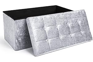 Home Republic Large Ottoman Storage Box Folding Seat, Storage Stool Faux Leather Toy Chest Practical Bench Blanket Box (Crushed Velvet Buttoned Silver Grey, 76x38cms)