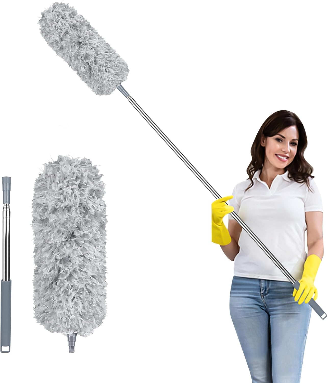 Fogray 2026 Upgraded Extendable Feather Duster with Soft Silicone Cap, Telescopic Long Handled Microfiber Dusters for Cleaning, Cobweb High Ceiling Fan Roof Blinds Cars, Washable & Bendable