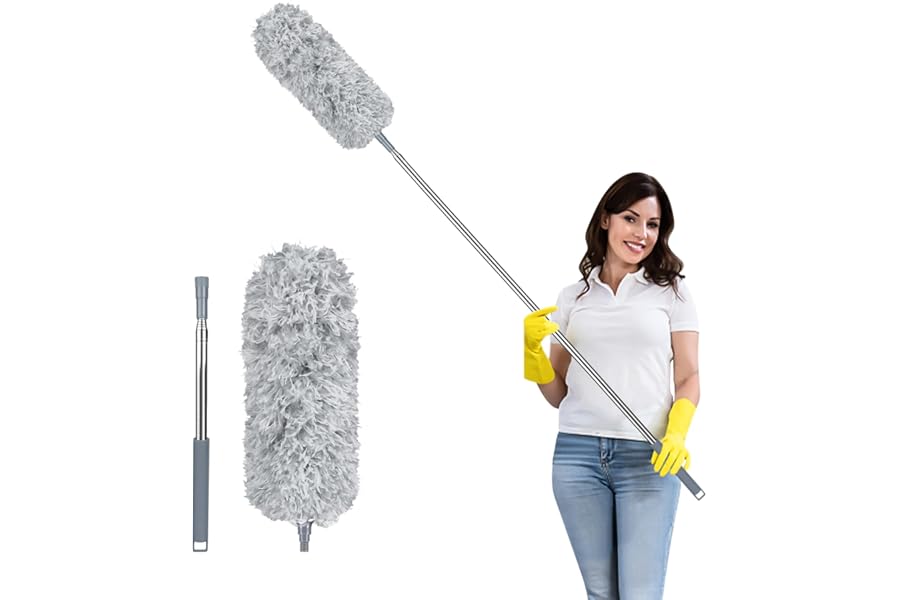 Fogray 2026 Upgraded Extendable Feather Duster with Soft Silicone Cap, Telescopic Long Handled Microfiber Dusters for Cleaning, Cobweb High Ceiling Fan Roof Blinds Cars, Washable & Bendable