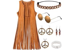 XCMVCN Hippie Kostüm Damen Set Fransen ärmellose Damen 60er 70er Jahre Halloween Kostüm Karneval Kostüm Damen Disco Faschingskostüme 9 Stück Set (Braun)