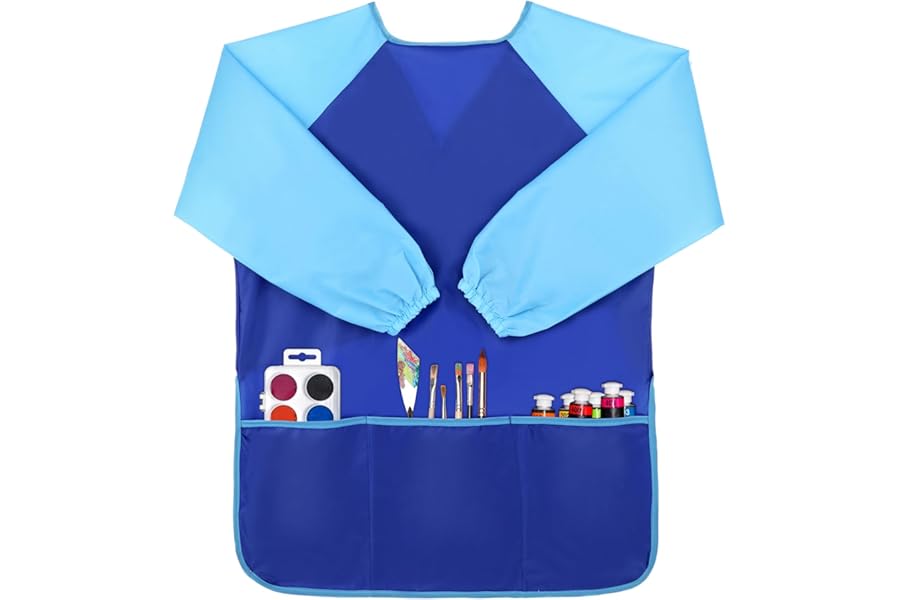 Apausvcm Waterproof Kids Painting Apron with Long Sleeves and 3 Pockets - Toddler Art Smocks for Painting Artists, Age 2-8 Years