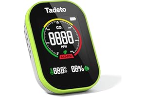 Medidor CO2 Tadeto 3 en 1 Medidor CO2 Homologado con Temperatura y Humedad Ambiental,Pantalla Grande de 3,5" con Brillo Ajustable Medidor de co2 con Alarma Sonora y Visual,400~5000 ppm