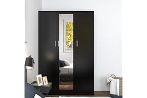 Panana 3 Doors Mirrored Wardrobe for Bedroom Bedroom Furniture Robe with 6 Storage Compartments, Hanging Rail, 115.4 x 50 x 180 cm (Black)