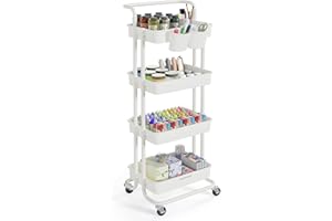 ‎SONGMICS SONGMICS Rollwagen, 4 Ebenen, Servierwagen, Küchenwagen mit Griff, 2 kleine Einhängefächer, 2 Bremsen, Ablagefächer aus Kunststoff, einfacher Aufbau, Schlafzimmer, weiß BSC077WZ01