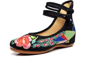 Minetom Femme Vintage Broderie Fleur Mary Jane Talon Compensé Chaussures de Conduite Loafer Ballerines Mocassins Pumps