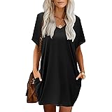 Beluring Damen Kleid mit Taschen Kleider Herbst Langarm/Kurzarm V-Ausschnitt Lässig Shirtkleid