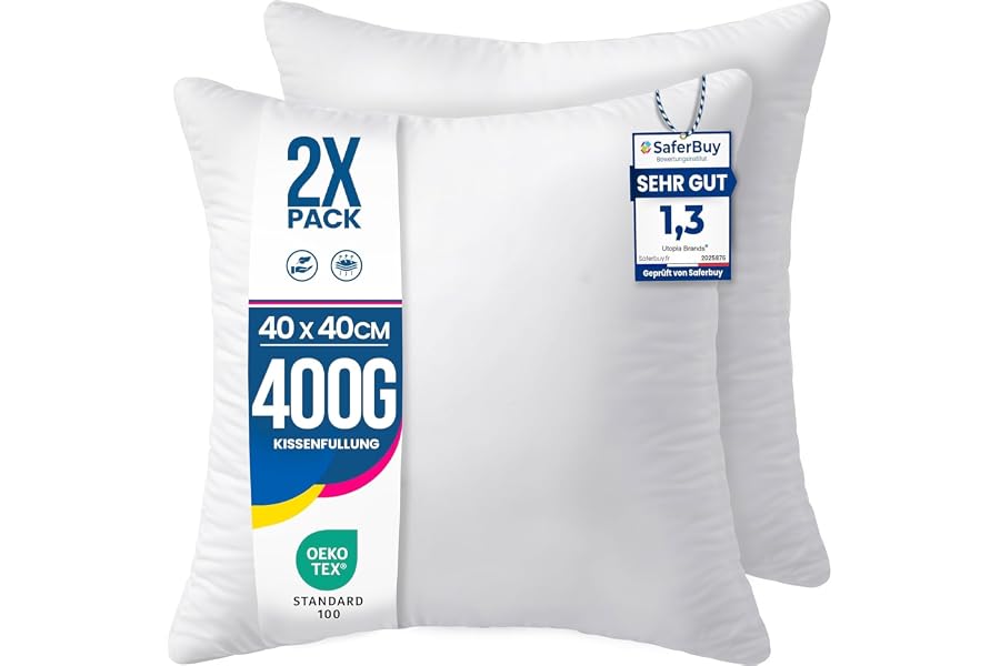 Utopia Bedding Kissenfüllung 40x40 2er Set Innenkissen Kissen Sofakissen | Weiß Mikrofaserbezug mit weicher Polyesterfüllung; großzügig gefüllt für hohen Komfort. Zierkissen Füllkissen Kopfkissen