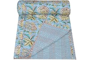 Yuvancrafts Indian Handmade Cotton Kantha Quilt Traditional Floral Print Twin Quilt Blanket Bedspreads Throw (Blue)