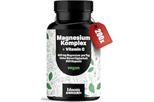 ‎BLOOM NATURALS BEAUTY SUPPLEMENTS Magnesium Komplex hochdosiert - 200 Kapseln - 400 mg Magnesium pro Tag + Vitamin C, mit Bisglycinat, Citrat, Oxid, L-Ascorbat, Malat, vegan & produziert in Deutschland