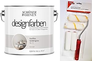 HAGEBAUSPN Schöner Wohnen designfarben feinmatte Wandfarbe für innen 2,5 Liter mit go/on Rollen-Set 5-tlg (Nr 5 Sanftes Seidengrau)