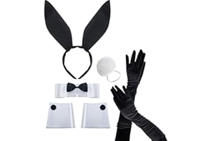 PMELCXD Damen Bunny Zubehör Set Hasenohren Stirnband Kragen Fliege Kostüm Manschetten Hasenschwanz Kostüm Cosplay Party