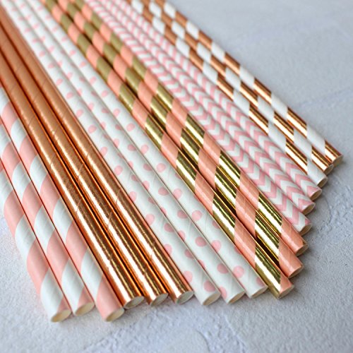 Ipalmay Trinkhalme, biologisch abbaubar, aus Papier, verschiedene Muster (gestreift und gepunktet), Länge: je 19,7 cm, Violett / goldfarben, 150 Stück Rose Gold & Pink - 3