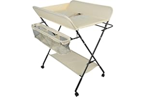 WILLONIN Table a Langer Pliante, Table à Langer Réglable en Hauteur avec Panier de Rangement, Ceinture de Sécurité et 4 Roues avec Frein (Beige)