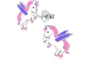 Laimons Pendientes infantiles para niñas, joyas para niños, unicornio, 13 mm, rosa, lila y blanco, plata de ley 925