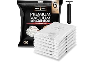 GENIE SPACE Premium Vacuum Storage Bags for Clothes, Bedding and Travel, Large Size 80x60cm, Airtight, Reusable and Odour-Proof Space Saver Bags with Double Seal, 6 Pack with Travel Pump