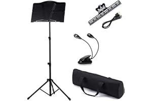 Walgreen Luebel® Black Sheet Music Stand Foldable Travel Metal Stand Adjustable DMS-1 with Carrying Bag, Sheet Music Folder, Clip Holder and Rotating Lights, Portable Projector Stand, Laptop Stand