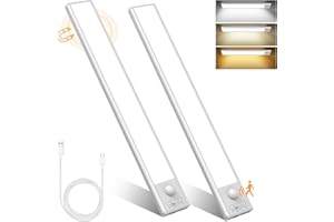 Bawoo 2PCS Luz Armario con Sensor de Movimiento 86 LED Luz Nocturna USB Recargable Luminosidad Regulable con 3 Colores para Armario, Pasillo, Escaleras, Cocina (30cm)