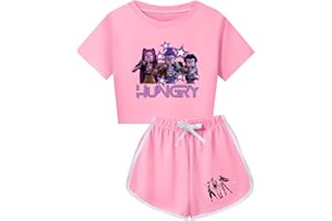 Exhloag 2 Piece KPop Demon Hunters Tracksuit Kids T-Shirt and Shorts Outfit Summer Tracksuit Set Huntrix Huntr/X Anime Printed KPop Demon Hunters Suits for Boys Girls