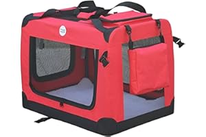HugglePets Foldable Fabric Pet Crate Carrier - Red (Medium 60 x 42cm) Lightweight & Ventilated Double Door Carrier for Dogs & Cats with Sheepskin Mat. Ideal for Home & Travel.