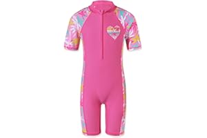 HUAANIUE Filles Maillot de Bain 1 Pièce 2-12 Ans, Anti-UV UPF 50+ Manches Courtes, Fermeture Éclair Frontale, Imprimés Colorés, Idéal pour Plage et Piscine