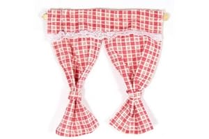 Melody Jane Dolls House Red Pink Gingham Curtains Tied Back on Rail 1:12 Window Accessory