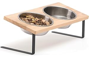 FUKUMARU Gamelles surélevées pour Chats, Petit Chien incliné à 15° en Acier Inoxydable, Support de Bol surélevé en Bambou Massif pour Animaux de Compagnie