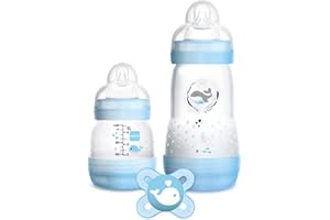 MAM Lot de 2 Biberon Easy Start Anticolique 130 ml et 260 ml avec tétine en silicone SkinSoftTM, avec tétine Start Nano, 0+ mois, bleu clair