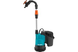 Set pompe à baril de pluie sans fil Gardena 2000/2 18 V P4A, prêt à l’emploi : Pompe d’évacuation submersible sans fil avec filtre intégré, débit de 2 000 l/h, avec batterie 18 V P4A (14602-20)
