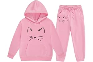 PAIDAXING 2025 Jogginganzug Kinder Mädchen Trainingsanzug mit Katzendruck Langarm Kapuzenpullover Jogging Hosen Sportanzug Kinderkleidung Set 2 Pc Freizeitanzug Hip Pop Streetwear Sportkleidung 2-13 Jahre