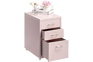 HollyHOME Mobilna szafka na dokumenty z 3 szufladami, organizer na dokumenty pod biurko, metalowy schowek z kółkami do domu i biura, jasnoróżowa