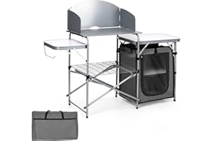 TANGZON Folding Camping Table, Outdoor Portable Garden Kitchen Storage Table with Windshield & Carry Bag, Mesh-Door Storage Cupboard for Picnic BBQ Party, 146 x 48 x 110cm (Grey)