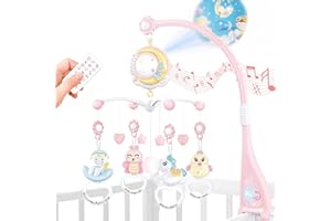 PENGBU RC Mobile Musical Lit Bébé Fille - Mobile Bebe Jouet 0-3 Mois avec 150 Mélodies et Projecteur, Télécommande Boite a Musique Bebe, Veilleuse, Fonction de Temporisation - Coffret Naissance Fille, Rose