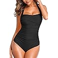 Smismivo Tummy Control Swimwear One Piece Modest Swimming Costume Women Ladies Full Body Vintage Halter Neck Swimsuit Plus Size Push Up Padded Bathing Suit