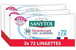 Sanytol - Lingettes Désinfectantes Multi-Usages - Anti-Allergène - x72 - Lot de 3 - Bactéricide, Virucide, Fongicide - Sans Javel, Fabrication Française, 100% Fibres d’Origine Végétale