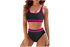 CEWIFO Bikini A Vita Alta da Donna, Costumi Bagno Sportivi Due Pezzi, con Blocchi di Colore Scollo U Patchwork Righe Spiaggia